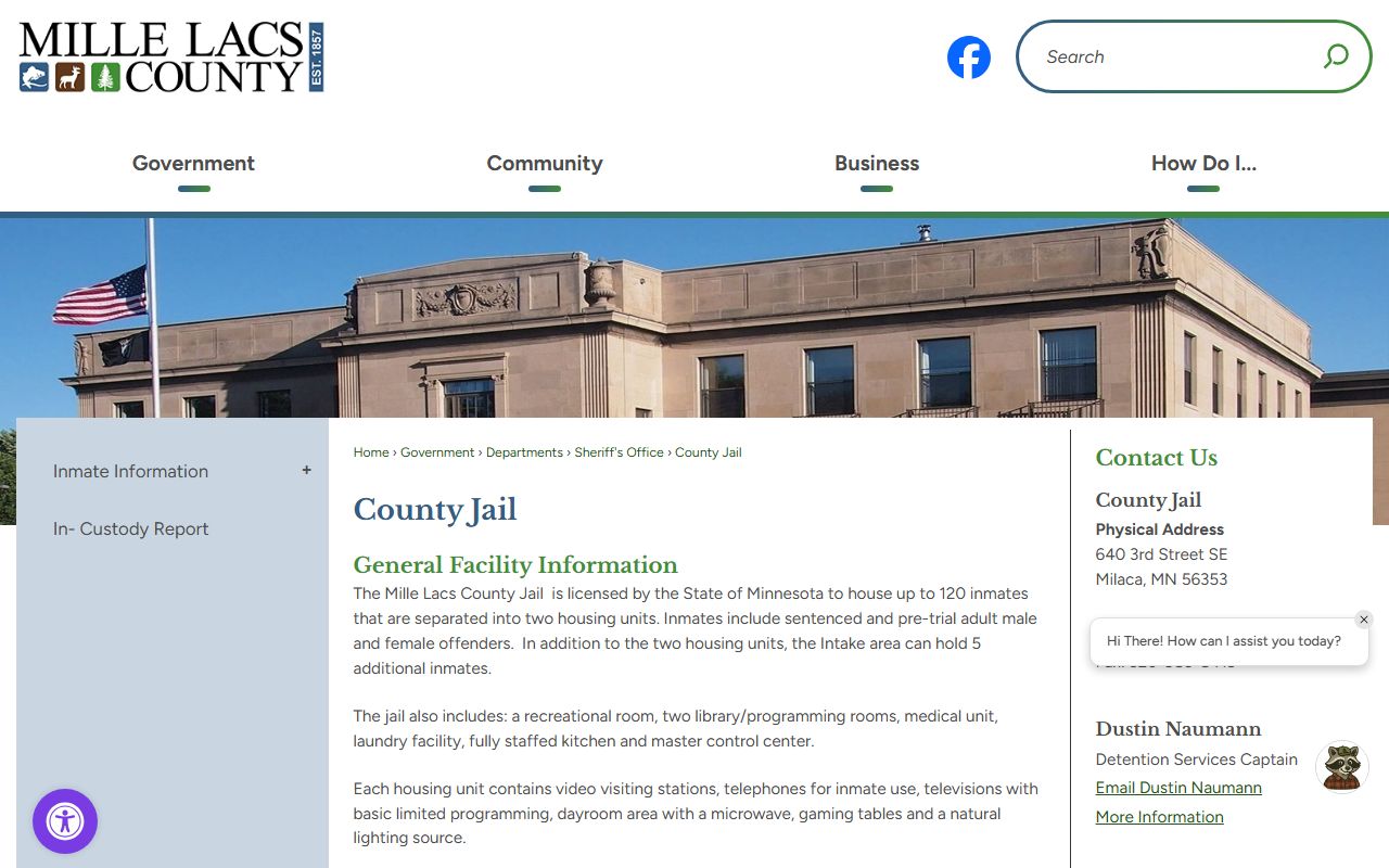 Mille Lacs County Jail capacity and facility information page