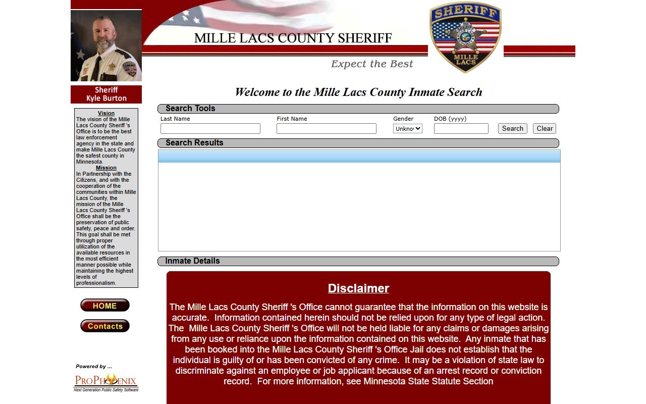 Mille Lacs County inmate population roster search fields